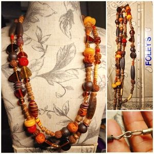 African Style Wood/Beaded Necklace, 12" Hang Fastened